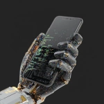 **iphone17, straight on, held by robot hand made of coding lines --v 7.0** - Image #4 <@1048326817838280714>