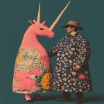 **Showing up to a dress-up party in an ultraviolet unicorn ukiyo-e costume, meeting a man in a cow-boy costume. --personalize undc4o3 --sref 770259548 393453912 4270736322 91506085 --stylize 850 --ar 10:13 --v 6.1** - Image #4 <@1209615304372658177>