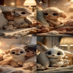 **a hyper-realistic yet cute cartoon-style dog mixed with a bird, fluffy puppy body with soft feathers along its neck and wings instead of front legs, tiny feathered tail, big expressive eyes, and a sweet joyful expression; the creature is cuddling a soft pillow while snuggled beside a young human boy, both lying comfortably in a cozy bedroom; the boy smiles gently with his arm curled around the creature as it nestles into the pillow; warm golden light from a nearby lamp creates a comforting glow; soft blankets, plush toys, and floating dust particles add charm; whimsical details like tiny feathers drifting in the air, gentle sparkle highlights, and a dreamy bedtime atmosphere; cinematic, heartwarming, ultra-detailed, fun, magical, and adorable --ar 9:16** - <@228720634434289665> (fast)