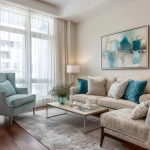 **interior design of a model unit showing the living area in french country style. walnut wood floor. light brown 3-seater sofa. teal, light blue and beige throw pillows. french provincial lounge chairs. sheer white curtains. artwork with teal still life painting, modern gray area rug, abstract painting in teal and white, light rustic brown wood, metal legs for the lounge chairs, oak wood legs --v 7.0** - Image #4 <@1231814052913877045>