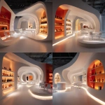 **a curved exhibition space for 8 different alcohol brands, a central swirl in the middle, white space with warm lighting , different coloured brands in the white shelves, interactive element in the space, meeting tables in the space, --v 7.0** - Variations (Strong) by <@738838021331484804> (fast)