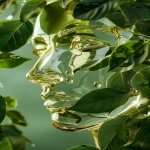 **A clear glass face in a modern abstract style, face oil cascading over the features like liquid gold, vibrant green leaves framing the composition, dew-drops glistening on the leaves, symbolic of purity and nourishment, high-definition macro shot, luxury skincare ad concept, minimalist and clean backdrop --ar 2:3 --v 6.0 --raw** - Image #3 <@1137663032605028362>