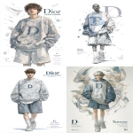**dior men's sweatshirt and short in the style of dior fashion design sketch, blue white grey with "D" logo on chest, loose fit crewneck sweater, oversized sleeves, model wearing white socks, high resolution, detailed illustration by James Jean + Atey Ghailan, highly intricate ink drawing + light pastel colours, flying around + dynamic composition + cinematic lighting, white background, text "G Como Dior", "Sweat DOUBLE R pname". Full body shot, 3/4 angle view --ar 85:128** - <@409716268476923920> (fast)