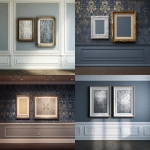 **A large gray wall with white trim, two frames of different sizes on the wall. One frame is empty and has no painting inside it. The second frame contains an intricate hand-painted oil painting in silver metallic paint with gold highlights. The background of both frames has a subtle symmetrical pattern made out of dark blue and light yellow. --ar 128:119** - <@1313000520759377972> (fast)