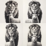 **photo realism. Black and grey design. Male lion posing with a sheep. Sheep is standing in front of lion with lion head towering over. Both animals looking at camera. Clean lines, clean shading. White background --v 6.1** - Variations (Strong) by <@651578269954736176> (fast)