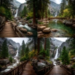 **yosemite nationl park landscape photography, waterfall and trees included, along with a wooden bridge walking path in the foreground --ar 99:128 --q 2 --s 250 --v 7.0** - <@1041437953232212108> (fast)