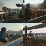 **back view of a man singing and playing acoustic guitar at a dairy farm in Daegwallyeong, cows gathered in front of him watching, a low wooden fence separating the man and the cows, the man positioned on the left side of the frame, wearing casual modern Korean clothing, warm afternoon sunlight, realistic style, peaceful rural atmosphere, shot on iPhone video, wide-angle lens perspective, sharp focus across entire scene, no blur, no depth of field effect, low bitrate look, slight codec compression noise, cinematic composition, smartphone quality not DSLR** - <@594852042581999617> (fast)