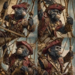 **lion tamarind monkey, dark blue and gold fur, rough and roguish, airship pirate wearing weathered leather vest and crimson captains hat, necklace with large dragon tooth pendant, swinging from ships rigging with a sword, photorealistic, character profile** - Variations (Strong) by <@271696906097393695> (fast)