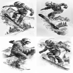 **black and white tattoo-style illustration, ultra detailed snowboarder jumping downhill, dynamic motion, snow splashing, winter mountains and pine forests integrated into the composition, double-exposure effect inside ski goggles showing mountains and a skier, fine shading, smooth gradients, realistic textures, professional tattoo art, high contrast, crisp linework, cinematic winter atmosphere, artistic composition on white background --v 6.0 --ar 9:16 --raw** - <@1411409201405624532> (fast)