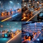 **A futuristic, high-detail scene of multiple different robots resembling cars with wheels, racing on a high-tech competition track. The robots have difference designs, not same, and are glowing with vibrant orange and blue light lines, creating a dramatic glow-in-the-dark effect. The background is a detailed, atmospheric, small-scale robot competition arena with futuristic lighting and a dynamic sense of motion. cinematic lighting, 8k** - <@1237654084786327583> (fast)