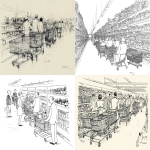 **Simple line drawing. 1950. In France, a few customers push their shopping carts through the aisles of a supermarket. On the shelves: bottled beer and canned goods. --ar 11:9** - <@427585336424661004> (relaxed)
