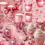 **seamless pattern design featuring pink ceramic hot cocoa cups, candy cane stripes, satin pink bows, soft white snowflakes, pastel pink vertical stripes in the background, adorable cozy winter aesthetic, smooth shading, gentle highlights, kawaii sweet style, clean and crisp edges, no clutter, --tile --ar 1:1 --v 6.0 --s 750** - <@1094715673021796435> (fast)