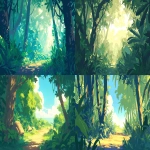 **flat cel-shaded style with bold clean linework, minimal jungle landscape, trees on both sides, leaves blocking out the sky, bits of light shining through, vines on trees, dense green foliage, natural pathway in the middle, loop animation friendly --ar 16:9 --niji 6** - <@257221362568003584> (fast)