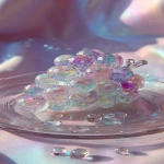 **a highly detailed crystal grapes art piece, shaped like a cluster of grapes made entirely of translucent gemstone, iridescent rainbow reflections, sparkling diamond-like textures, placed on a clear glass plate, surrounded by crystal droplets, soft pastel lighting, dreamy glossy aesthetic, hyper realistic photography, fantasy luxury concept --ar 9:16** - Image #1 <@1240240057374478349>