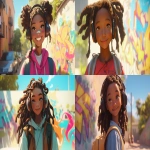 **a medium shot of a realistic illustrated happy 7-year-old African American female student from America, they have a well-defined nose and a well-defined jawline, they have brown eyes and long dreadlocks, they stand with their head and neck and shoulders completely square to the camera and facing forward, their entire body is facing forward, they wear a backpack, they have large headphones on their head, they stand in front of a white wall with bright graffiti art spray painted on it, it is daytime, the sun is shining bright, high-definition, anime-style, --ar 16:9 --niji 6** - <@1065025086664474674> (relaxed)
-# Create, explore, and organize on [midjourney.com](<https://midjourney.com/imagine?from_discord=1>)