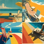 **1940s poster artwork bold flat lines shadows striking colors a laptop on a table next to a lounge chair on a beach --ar 3:2 --v 7.0** - <@812550296944377857> (fast)