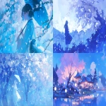 **Watercolor painting, digital art, illustration, blue and white color palette! Anime style on a rainy night! Cherry blossoms in full bloom. --niji 6 --ar 16:9 --relax** - <@1384018012746809385> (relaxed)