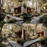 **captured by a world-class luxury architectural photographer, Hasselblad 500CM, 40mm lens, f/5.6, ISO 400, tripod-mounted, eye-level framing from the main entry path, serene wellness retreat nestled in the lush green Queensland hinterland, surrounded by tall gums and rainforest undergrowth, primary low modern pavilion in pale limestone and washed warm timber, connected to two smaller satellite villas via slim covered walkways, foreground of soft grey stone path with a single reflecting water feature to the left, curated native landscaping with soft grasses, soft warm neutral daylight, shadows lifted, highlights bloomed, muted stone and timber tones, photoreal analog capture with rich 35mm grain, halation glow, Kodak Portra 160 pushed one stop, composition wide and balanced to blend architecture seamlessly into nature, editorial for Architectural Digest** - Variations (Strong) by <@837237355722571776> (fast)