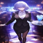 **Anime, A night club filled with smoke and mirrors that reflect the single beauty walking forward, it's a woman in a business jacket and a long pencil skirt, dark brown stockings, she's carrying a tray with a large pitcher of ice, her hair midnight blue with purple tips and short cut hair ending around the shoulders, confident smile, narrow squinting blue eyes, pencil thin black eyebrows flat --ar 3:5 --niji 6** - Upscaled (Subtle) by <@372629349565988865> (fast, stealth)