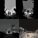 **An evocative and minimalist digital artwork, medium shot, rendered in a dark, monochromatic style consistent with previous designs. The composition prominently features a partially destroyed school building, with distinct architectural elements like classrooms, visible blackboards or educational posters, and perhaps a damaged school sign or playground equipment clearly identifiable in the background. In the foreground, two young, silhouetted figures, seen from behind, navigate through scattered rubble and debris, implying their presence within the converted shelter. The sky above is a uniform dark tone, emphasizing the bleakness of the scene. The figures appear small and vulnerable against the backdrop of the ruined educational institution, highlighting the profound impact of conflict on children and the repurposing of vital community spaces. The overall mood is somber and reflective, conveying the disruption of learning and the precariousness of refuge, presented with a stark and uncluttered visual approach** - <@1032195406119043132> (fast)