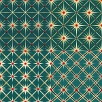 **seamless repeating geometric pattern, atomic-era plaid made of intersecting gold and teal lines with red starburst ornaments at the crossings, mid-century modern Christmas aesthetic, repeating textile or wrapping paper design --tile --ar 1:1 --v 6.0 --chaos 5 --raw** - Variations (Strong) by <@973241297529868358> (fast)