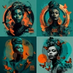 **The image is a stylized digital illustration celebrating Black History Month. The focal point is a portrait of a Black woman, depicted from the chest up, adorned with a head wrap and elaborate earrings. Her expression is stoic and powerful, with a direct gaze. She is surrounded by vibrant, abstract elements. Behind her, concentric circles of teal and orange create a dynamic backdrop, suggesting energy and movement. Scattered around her are stylized orange butterflies, their wings open in flight. These butterflies add a sense of freedom and transformation to the composition. The overall color palette is rich and saturated, with a predominance of teal, orange, and black. Teal is used for the background elements and the woman's clothing, while orange is used for the butterflies and the inner circles. Black serves as a grounding element, framing the composition and providing contrast. The text "Black History Month" is prominently displayed in the lower portion of the image, written in a bold, stylized font that complements the overall aesthetic. The composition is balanced, with the woman's portrait at the center and the surrounding elements creating a sense of depth and visual interest. The artwork has a modern, artistic feel, with a strong emphasis on color and symbolic imagery.** - <@817880507983069194> (fast)
-# Create, explore, and organize on [midjourney.com](<https://midjourney.com/imagine?from_discord=1>)