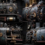 **close-up of the front end and steam engine components on an old locomotive, with intricate details showing its complex machinery. the use of a black background creates contrast against the metallic colors. --ar 79:61 --v 7.0 --p 7t8d38w** - <@995751013732581408> (relaxed, stealth)