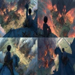 **A realistic fantasy illustration scene of the horrific view from the air where a black-haired teenager riding his sapphire blue dragon looks down: a farm is completely destroyed and burn. The house is a smoldering ruin, and the stable is engulfed in flames. A cry of despair escapes his lips. Natural light with mystical atmosphere, high-detail textures --ar 16:9** - <@1210033716529729568> (fast)