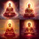 **Highly detailed digital painting of Amitabha Buddha seated in full lotus posture on a radiant crimson and gold lotus throne, which is floating above soft, luminous clouds in a vast cosmic sky. The Buddha's expression is calm, solemn, and deeply divine. His eyes are gently closed, reflecting deep meditation and serenity. He has long earlobes, arched eyebrows, a round top bun, and a glowing red urna on his forehead. His skin appears soft, smooth, and radiant. He is dressed in flowing, richly embroidered red and golden-yellow Buddhist robes, inspired by traditional Chinese thangka and Pure Land Buddhist art, adorned with floral and celestial motifs. His hands rest in Dhyana Mudra palms facing upward, right hand over left, thumbs gently touching. On his chest, the sacred 卍 symbol glows subtly with divine light. Behind his head shines a giant golden halo, detailed with intricate mandala and lotus petal patterns, emanating beams of gold, white, and soft pink light, like a cosmic sun of compassion. The entire body radiates a soft golden-red aura, and waves of gentle, shimmering light pulse outward into the surroundings. The background is a celestial cosmic realm, filled with radiant mist, glowing floral patterns, falling lotus petals, and swirling sacred geometry. The cosmic sky is bright, vibrant, and full of divine light blending tones of white, gold, pink, and soft crimson, symbolizing transcendence and infinite compassion. Vertical format, ultra-detailed, cinematic lighting. Art style blends sacred Buddhist iconography with the warmth and softness of Studio Ghibli-inspired anime aesthetics. Perfect for an oracle card or spiritual thangka depicting Amitabha Buddha in cosmic transcendence.** - <@1056980764291514368> (fast)
-# Create, explore, and organize on [midjourney.com](<https://midjourney.com/imagine?from_discord=1>)