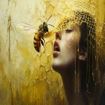 **exquisitely surreal and ominous painting by Taras Loboda + Annick Bouvattier + Yoann Lossel Of honey woman with yellow honeycomb tongue, in the style of oil paintings, intimate portraits , photo-realistic compositions, raw emotions, i can't believe how beautiful this is, gold, uncanny juxtapositions --chaos 30 --ar 7:4 --v 6.1 --s 888 --weird 333** - Image #2 <@1038536641180094535>