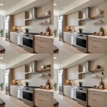 **interior design of a model unit showing the kitchen area. linear layout. all stainless appliances. chimney type range hood. stainless steel countertop with oak cabinets, silver pots and whisk hanging from the wall --v 7.0** - Variations (Region) by <@1231814052913877045> (fast)