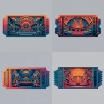 **one single movie ticket in the style from an old theater but also futuristic, flat image meant for printing on a sticker** - Variations (Strong) by <@650546685948461058> (fast)