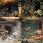 **In a dungeons and dragons and Frank Franzetta art style, a goblin with a sword standing-off against a filthy giant rat, inside an old hut --v 7.0** - <@478047972412620803> (fast)