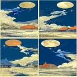 **traditional Japanese woodblock print in the style of colorful ukiyo-e by Hasui Kawase and Hiroshi Yoshida and Tōshi Yoshida using vibrant colors and Japanese minimalism, balance, and harmony, depicting a very handsome, Jack Frost dressed all in white flying through the air, his cape flapping in the wind, making snowflake macrophotography with his magic wand, in a mountain village under a starry sky, swirling snow, cinematic composition, gold gilt highlights --chaos 33 --ar 2:5 --raw --sref <https://s.mj.run/UqZpQeGrfKY> <https://s.mj.run/0X518EyHJWI> <https://s.mj.run/IC85_j5yIBY> --sw 999 --oref <https://s.mj.run/MTXs1LP7JiU> --ow 475 --stylize 999 --iw 0.4 --v 7.0** - Variations (Strong) by <@688195114849271814> (fast)