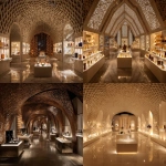 **A perfume exhibition of 6 brands, in a lattice structure of curved ceilling walls, a central light display, one brand is about sweets, one is about wood, one is about florals, one is about old letters, one is about arabic architecture, one is about a scent lab, one is about sleek sernity, how to display all of these in a buisness to buisness eye catching exhibition effect, white colour and marble, warm lighting --v 7.0** - <@738838021331484804> (fast)
