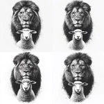**photo realism. Black and grey design. Male lion posing with a sheep. Sheep is standing in front of lion with lion head towering over. Both animals looking at camera. Clean lines, clean shading. White background --v 6.1** - Variations (Strong) by <@651578269954736176> (fast)