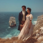 **photograph type picture of a gorgeously handsome man with dark hair and blue eyes dressed in Regency era clothing. He is standing on a cliff top with a beautiful woman also wearing Regency era clothing - empire line dress with high waist. They are holding hands and watching a sailing ship of the type like HMS Victory. It is sunny. They are happy --v 7.0** - Upscaled by <@1160482508425658468> (fast)