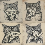 **imagine a serious cat poster portrait, gentle engraving style, western vintage poster style, a cat holding a big slice of pizza, hand drawn illustration, rough ink, screenprint texture. --ar 2:3 --v 6.0 --raw** - Variations (Strong) by <@1344259986770886718> (fast)