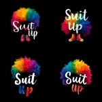 **a logo of a rainbow clown wig and clown shoes saying "Suit Up" on a black background --s 50** - Variations (Strong) by <@441294708036206603> (fast)