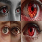 **human eyes, two, but red iris, --ar 16:9** - <@1033258789991895111> (fast)