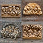 **a relief carving of 7 dwarfs drunkenly sleeping off the night after they found SnowWhite in her eternal slumber, vibrant, 8k, 3D, projected onto a brick wall** - <@735147994395050104> (fast)