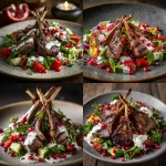 **Please use this style photography and create a plate of stunning Greek salad with 4 grilled lamb chops styled in a teepee and drizzled with garlic yogurt and pomegranate seeds.** - <@1083267046139236443> (fast)