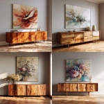 **sideboard with a wooden cabinet, a large floral abstract painting above the sideboard, a light grey wall, a parquet floor, a modern interior design style, wood grain details, a neutral color palette, natural materials, natural lighting, soft shadows, realistic photography. --ar 51:64** - <@1313000520759377972> (fast)