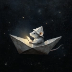 **A white folded paper boat sails through the night sky. In the boat is a silver-furred mouse wearing a folded paper cap and holding a silver sextant. The boat gives off a glowing aura. The background is a starry sky against a dark void. Ammonite amanita Highly realistic painting. --v 7.0** - Image #4 <@1004897810543554640>