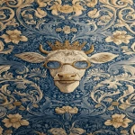 **<https://s.mj.run/0GMbnBQLfYo> william morris wallpaper design of humanoid cows wearing sunglasses and wearing a crown, using 3 colours only --no birds --iw 3 --ar 13:25 --v 7.0** - Image #3 <@1103975769467789322>