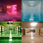 **a surreal endless fluorescent corridor that folds in on itself, office hallways merging into hotel lobbies, flooded with mirror-smooth reflective water, glowing EXIT signs floating midair, impossible staircases looping upside down, fog-filled empty rooms visible through open doors, vending machines emitting static light, faint reflections of unseen people on glossy walls, eerie symmetry, dreamlike volumetric haze, reality bending and collapsing, cinematic lighting, ultrarealistic textures, analog horror vibe, uncanny calm atmosphere, hyper-detailed architecture, Escher-like geometry, reflections behaving wrong, photo-real, long exposure glow, 35mm lens, --ar 9:16 --chaos 60 --v 6.0 --raw** - <@692146423638261810> (relaxed)
-# Create, explore, and organize on [midjourney.com](<https://midjourney.com/imagine?from_discord=1>)