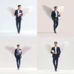**charming Asian man 25-27 years old, light brown hair, walking with a smile, wearing navy suit and pants, holding iPad, hand in pocket, big soft white wings, front-facing, low upward camera angle, warm studio light, clean white background, soft shadows, dreamy corporate vibe, ultra realistic, 4K** - <@427615579231485956> (fast)