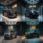 **a ultra realistic high quality photo of a porsche 911 inside a clean dark showroom with a hegagon light above the porsche reflecticting in its dark black paint standing infront of a wall with the text "LME CARS" in gold --ar 16:9** - <@1044962652931248128> (fast)