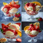 **close-up of a creamy vanilla ice cream sundae with 2-3 scoops in a clear glass dessert bowl, topped with bright red strawberry sauce, fresh strawberries, a slice of orange, and a small waffle cookie, realistic food photography style, shallow depth of field, cinematic lighting, ultra sharp focus, realistic texture, vibrant colors --ar 2:3 --v 6.0 --no oversized scoops, overfilled bowls --raw** - <@471692840905211906> (fast)