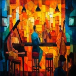 **people playing bossa nova, in a jazz club in Harlem renaissance, seated on a mahogany stool, at sunset, in abstract art by leonid afremov, alcohol ink and gouache style, stained glass --ar 16:9 --v 7.0** - Image #1 <@1054482006731395092>